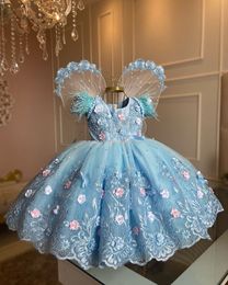Lovely Baby Blue Little Girls Pageant Dresses Jewel Neck Tiered Tulle Handmade 3D Flowers Pearls Flower Girl Dress For Birthday Party Kids Prom Gowns Vestidos
