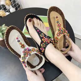 Sandals Sandals for Women 2023 New Womens Shoes Summer Bohemian Pinch Flat Sandals for Women Beaded Beach Shoes for Women J240315