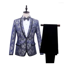 Men's Suits Nightclub Blue Print Single Breasted Suit Men 2 Piece Elegant With Pants Party Wedding Tuxedo Stage Costume Homme