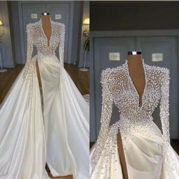 Plus Vintage Size Pearls Mermaid Wedding Dresses Bridal Gowns with Detachable Train V Neck Long Sleeve High Side Split Robe