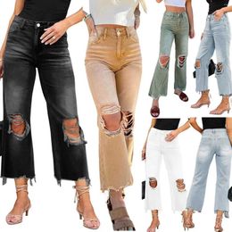 Women's Jeans Print Hole Hip Hop Fashion Ripped Workout Distressed Spring Summer Lady High Waist Pantalons