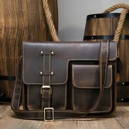 Crazy Horse Leather Men Crossbody Bag A4 Big Capacity Casual Genuine Cow Shoulder Messenger Male Business Work 240311