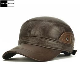 NORTHWOOD High Quality Genuine Cow Leather Hat Mens Baseball Cap Male Earflaps Warm Winter Military Caps Womens Bone 240222