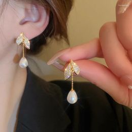 Dangle Earrings Fashion Trend Unique Design Elegant Delicate Zircon Leaf Pearl Tassel Women Jewellery Party Premium Gift Wholesale