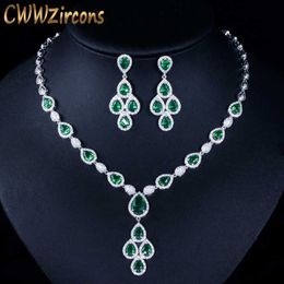 Elegant White Gold Color Green Water Drop Cubic Zirconia Crystal Big Wedding Necklace Earring Set for Brides T285 210714314C