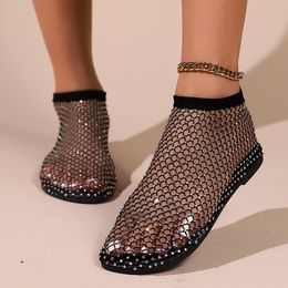 Primavera verão sandálias ocas de malha com diamante incrustado botas curtas sexy e elegante feminino fundo plano sandália de dedo do pé redondo