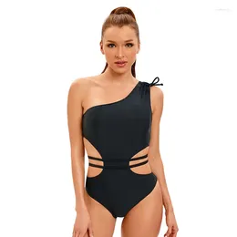 Women's Swimwear Black One-Piece Swimsuit Women 2024 Hollow Out Bikini Single Shoulder Backless High Waist Monokini Summer Beachwear