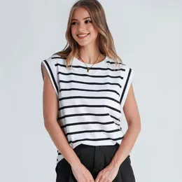 Women's Blouses Female T-shirt Striped Color Block Tank Top For Women Loose Fit O-neck Tee Shirt With Raglan Sleeves Summer Streetwear Vest