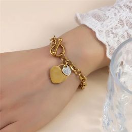 Double Heart Charm 14k Yellow Gold Bracelets For Women Bohemia Rhinestone Chain Goden Wooman Bracelet Jewelry