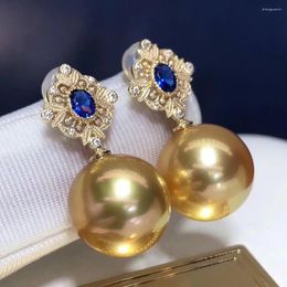 Dangle Earrings D902 Fine Jewellery Pure 18 K Gold Natural Philippine Origin 8-9mm Ocean Golden Round Pearl For Women