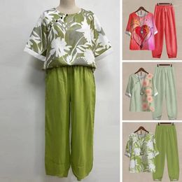 Women's Two Piece Pants 2Pcs/Set Women Outfit Elegant Flower Print Pullover Top Loose Blouse Spring Clothes