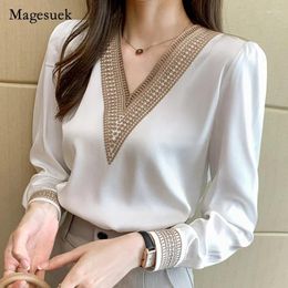 Women's Blouses 2024 Embroidery V-Neck Chiffon Blouse Elegant Office Lady Stylish Shirt Women Long Sleeve White Lace Tops Fashion Blusas