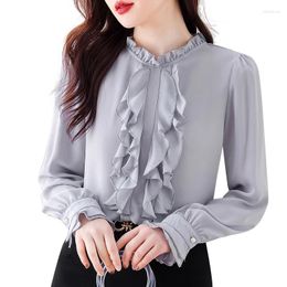Women's Blouses QOERLIN Ruffled Tops Shirts Grey Women Loose Casual Blouse Elegant Flare Sleeve Korean Fashion Solid OL Female