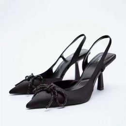 Large Womens 2023 Spring/Summer New Black Brilliant Bow Tie Pointed Thin Heels Muller Shoes