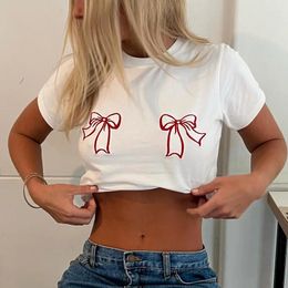 Women's T Shirts Bow Embroidered White Graphic Tee Y2k Summer Tshrit Woman Short Sleeve Crop Top Women Trending Clothing