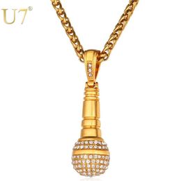 U7 Ice Out Chain Necklace Microphone Pendant Men Women Stainless Steel Gold Color Rhinestone Friend Jewelry Hip Hop P1018 210303J
