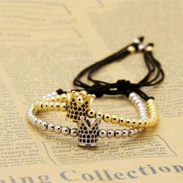 High Grade Jewellery Whole 10pcs lot Top Quality 4mm Copper Beads With Black Cz Crown Charm Men Macrame Bracelet Party Gifts238V