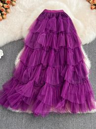 Skirts Tutu Tulle Long Womens 2024 Spring Korean Solid A Line High Waist Mesh Tiered Maxi Skirt Female Faldas Aesthetic