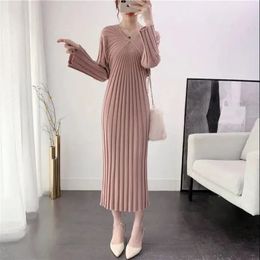 Dresses for Women Clothes Crochet Maxi Robe Knitted Solid V Neck Woman Dress Evening Long Pleated in Sensual Sexy Knit Beach 240301