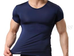 Whole WOXUAN Mens Tank Tops undershirts gay nylon ice silk sheer short sleeve shirts male sexy navy blue t shirts2581877