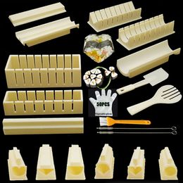 11PcsSet HeartRoundSquare Sushi Tools Rice Mould Japanese Ball Cake Mould Maker Brush 50Pcs Gloves 240304