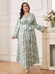 Ethnic Clothing 2024 Ramadan Floral Print Abayas For Women Plus Size Belt Party Gown Muslim Dress Morocco Kaftan Dubai Turkish Robe Eid