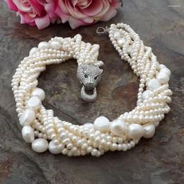 Chains Natural 7 Strands Freshwater White Pearl 5-11MM Necklace Cz Pave Leopard Head Clasp 18inches