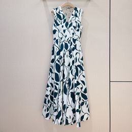 European fashion brand cotton blue leaf printed V-neck sleeveless midi dress