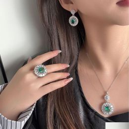 Wedding Jewelry Sets 2024 Top Sell Luxury 925 Sterling Sier Oval Cut Emerald Diamond Cubic Zircon Open Ring Stud Earring Women Clavi Dhwpe