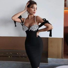 Casual Dresses EXquisite Beading Shining Diamonds Lace Up Spaghetti Strap Knee Length Dress Sweet Woman Bandage Evening Party Outfit