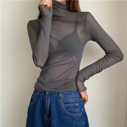 Women Summer Slim TShirt Mesh Tops Long Sleeve High Neck Lettuce Edge Solid Color Slim Fit Sheer Beach Sexy Tops 240315