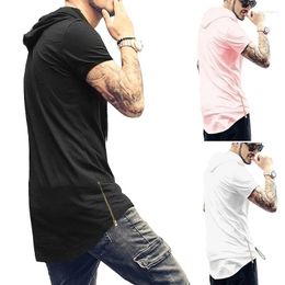 Mens Hoodies Male Hooded Shirt Hipster Hip Hop Mans Tee Longline Side Zipper Streetwear Short Sleeve Tees Men Clothing Tops