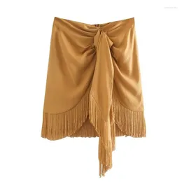 Skirts Fringed Khaki Mini Skirt All-Match Hem Back Casual Chic Female 2024 Women High-waisted Gathered Detail Tassel