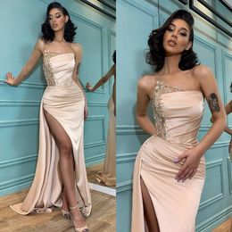 Fashion Champagne Prom Dresses Strapless Evening Gowns Beading Pleats Slit Formal Red Carpet Long Special Occasion Party dress YD