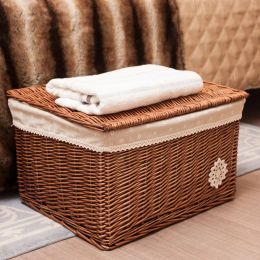 Baskets Wicker Storage Basket with Lid Woven Box Laundry Organizer Bins Rectangular Seagrass Baskets for Storage Decoration Rattan