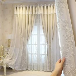 Curtains Luxury Beige Double Layer Embroidery Blackout Curtain for Bedroom Living Room European Delicate Sheer Plus Darkening Cloth Drape