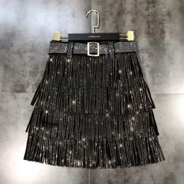 Women Skirt Fashion 2024 Autumn High Waist Belt Multi Layer Short Heavy Drilling Rhinestones Fringed Skirt with Cake A Line 240304