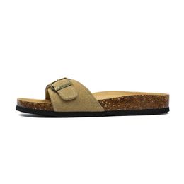 Sandals Flat bottomed single button cork slippers summer mens and womens frosted leather beach leisure outdoor J240315