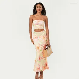 Work Dresses WPNAKS Women Sexy 2 Piece Skirt Sets Summer Clothes Floral Tube Tops With Long Slim Set Club Streetwear