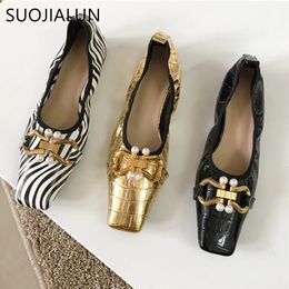 SUOJIALUN Brand Women Flat Shoes Square Toe Vintag Slip On Ballerina Shallow Ballet Flat Loafer Shoes Stone Pattern Mu 240307