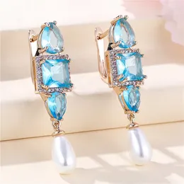 Backs Earrings Luxury Female Light Blue Zircon Stone Clip Charm Gold Color Wedding Jewelry For Women