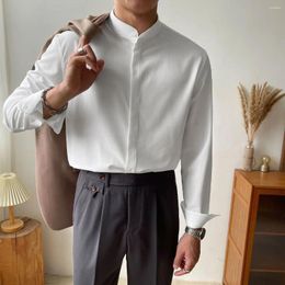 Men's Casual Shirts Solid Color Stand Collar For Men Ice Silk No-iron Business Dress Shirt Hidden Button Long Sleeve