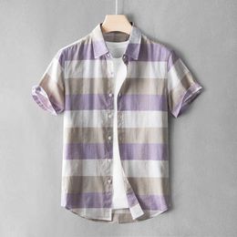 Youth linen casual shirt mens color checkered short sleeved shirt thin patterned checkered slim fit cotton linen half sleeved summer shirt