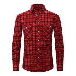 Men's Casual Shirts Brushed Plaid Shirt Long Sleeve Double Pocket Flannel Short T For Men Y2k Tops Clothing