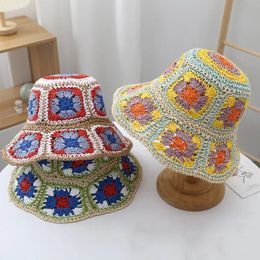 Japan Korea Crochet Beach Sun Hat Women Summer Flowers Pure Hand-woven Straw Hat Sunshade Fisherman Hat Breathable Bucket Hat 240314