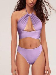 Womens Swimwear Sexy Strappy Halter Neck One-piece Swimsuit And Cover Purple Hollow-out Slim Bikini Set 2024 Designer Beachwear Woman Dress OLX4