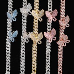 Blue Pink Cuban Link Butterfly Choker Necklace Chain Crystal Rhinestone Chokers Necklaces for Women Gold Collar Whole 2103302299