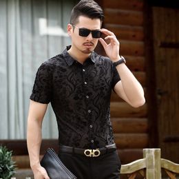 Floral Embroidery Transparent Shirt Men Slim Fit Sexy See Through Lace Dress Shirts Mens Party Event Social Shirt Male Chemise 210522