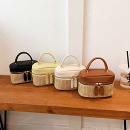 Beach Bags Grass Woven Bucket Bag Zipper Handheld Texture Vacation Sweet Makeup Box Contrast Colour Storage Women's