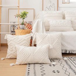 Pillow Beige White Tassels Cover Handmade Geometric Embroidery Home Decor 45x45cm Sofa PillowCase Sham